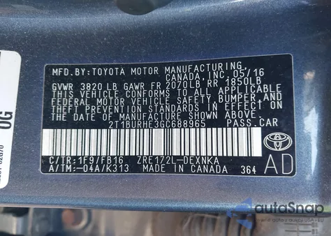 2016 Toyota Corolla Le z USA, uszkodzony, nr VIN 2T1BURHE3GC688965